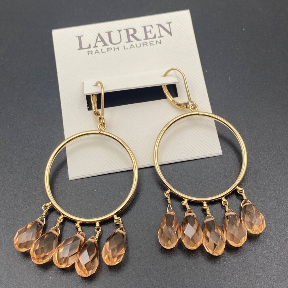 NWT Lauren Ralph Lauren Gold-Tone Hoop Earrings Peach Crystal Beads Drop Dangle - Picture 2 of 9